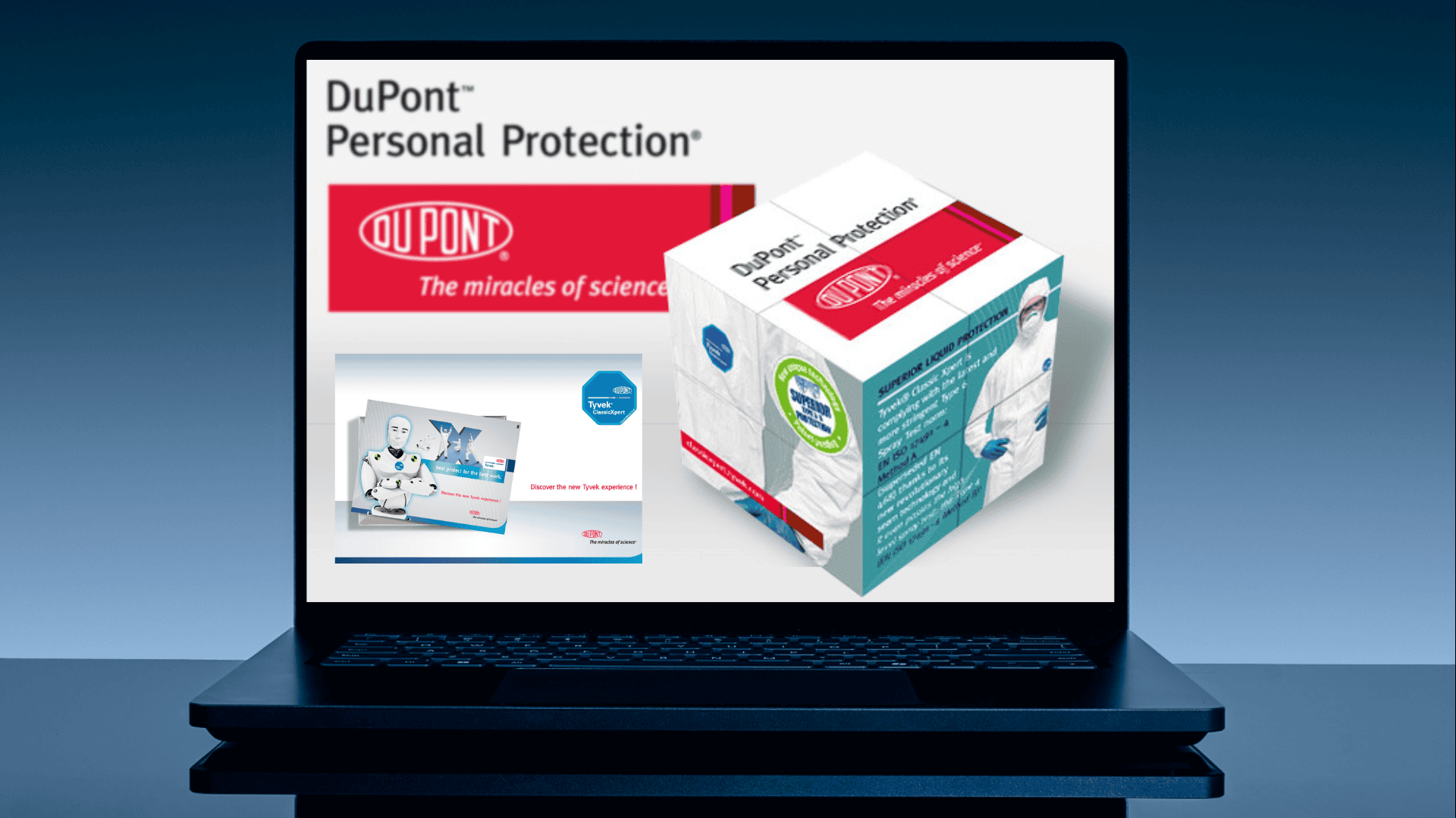 Campagne de communication mondiale ``Personal Protection`` pour DuPont, avec le visuel du cube technique, conçue par SAY Agency et affichée sur un écran d'ordinateur portable.