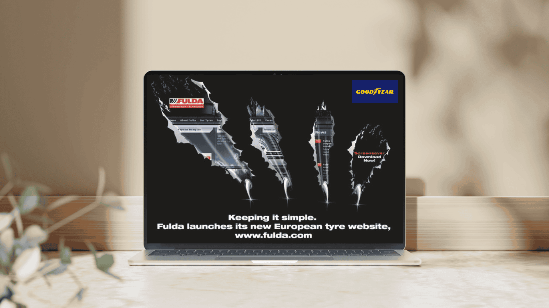 Campagne publicitaire et site web européen pour la marque de pneumatiques Fulda du groupe Goodyear, conçus par SAY Agency et affichés sur un écran d'ordinateur portable.
