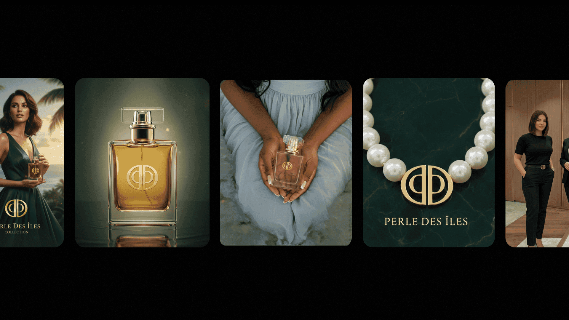 Montage créatif présentant les collections bijoux et accessoires de la Maison Perle des Îles, signé SAY Studio.