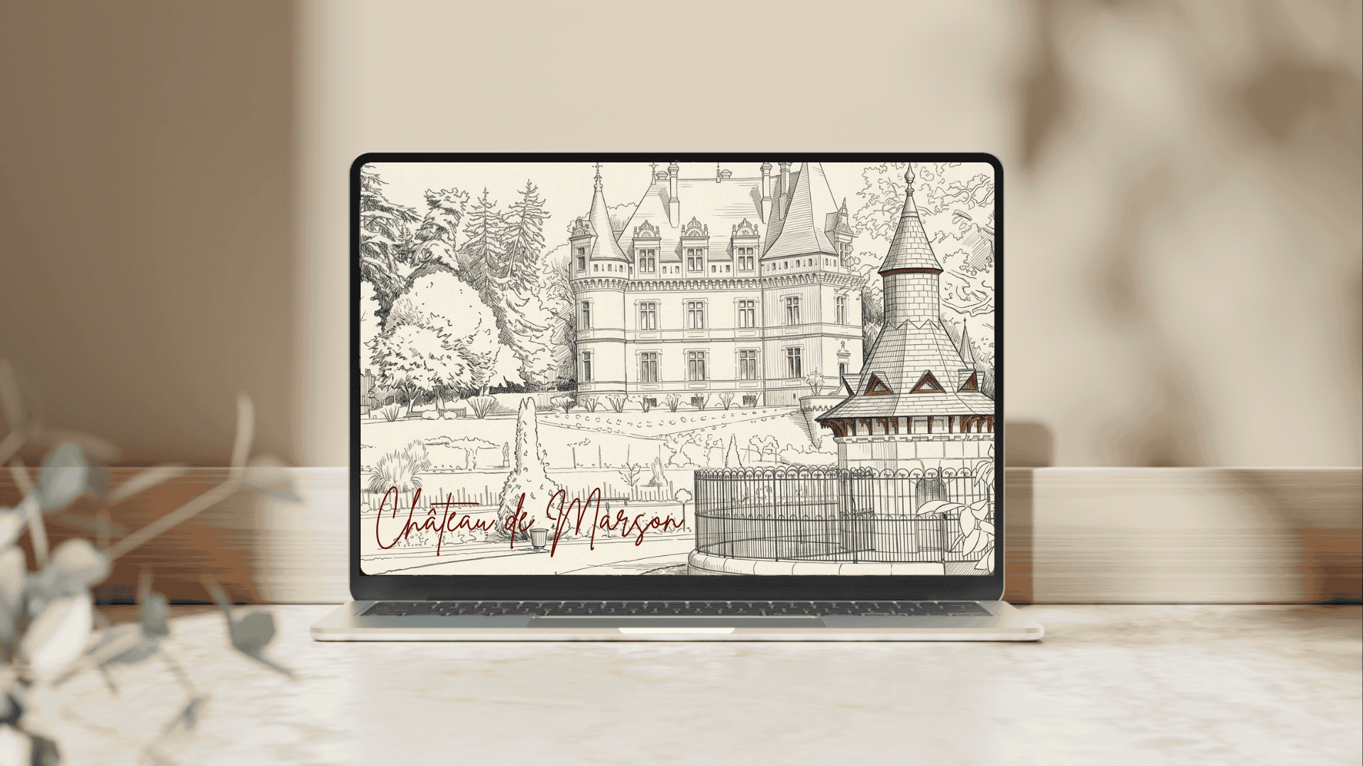 Illustration architecturale détaillée du Château de Marson par SAY Studio sur écran d'ordinateur portable