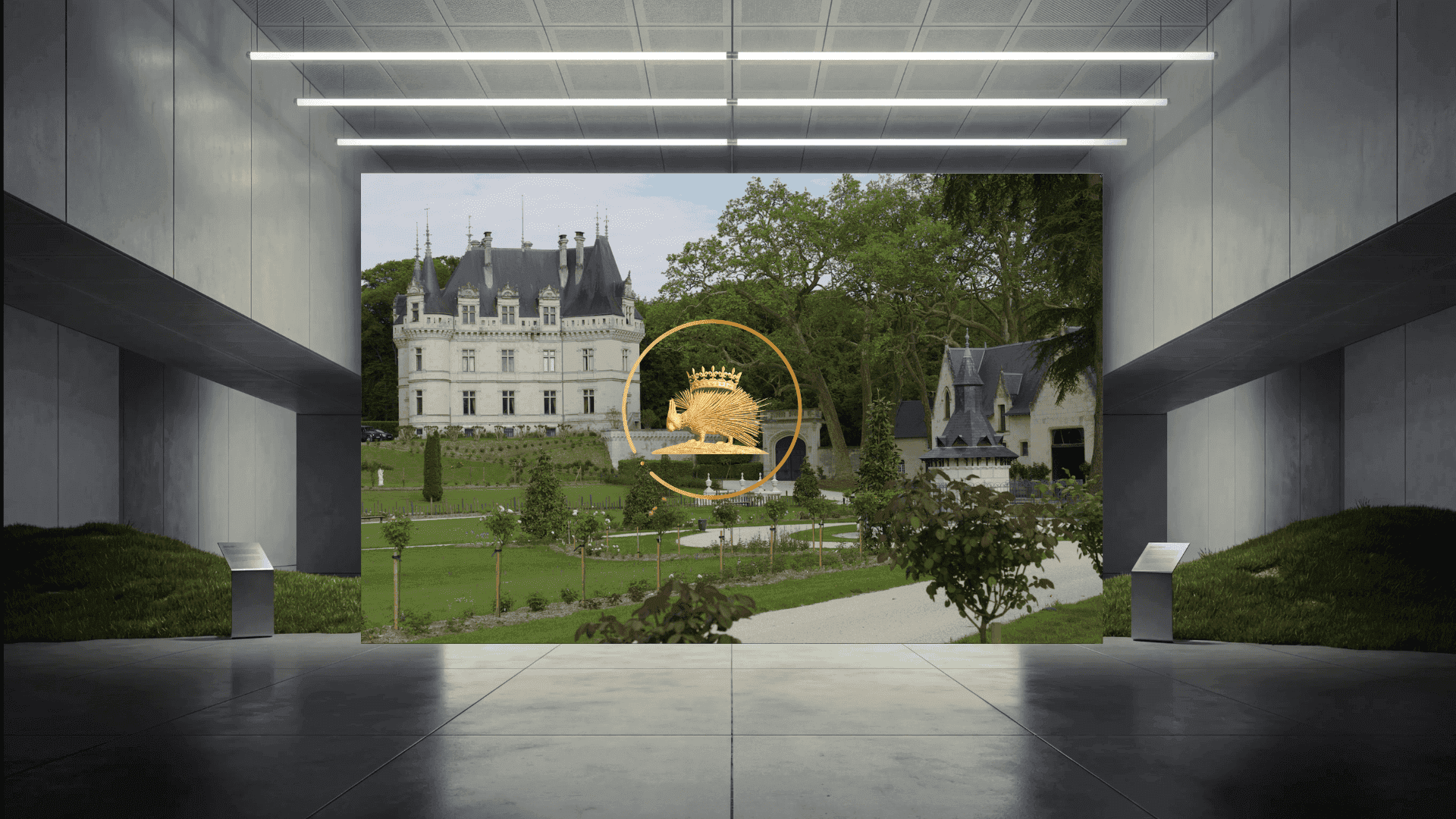SAY branding identité visuelle château — vue architecturale et blason doré du Château de Marson.